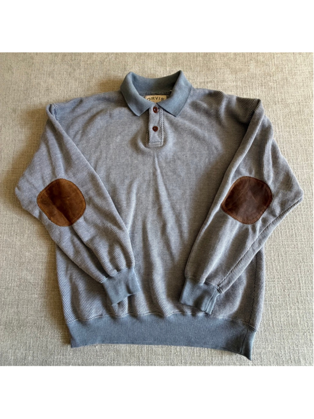 Orvis Pullover Mens Polo Sweater leather Elbow Patch Casual Blue medium